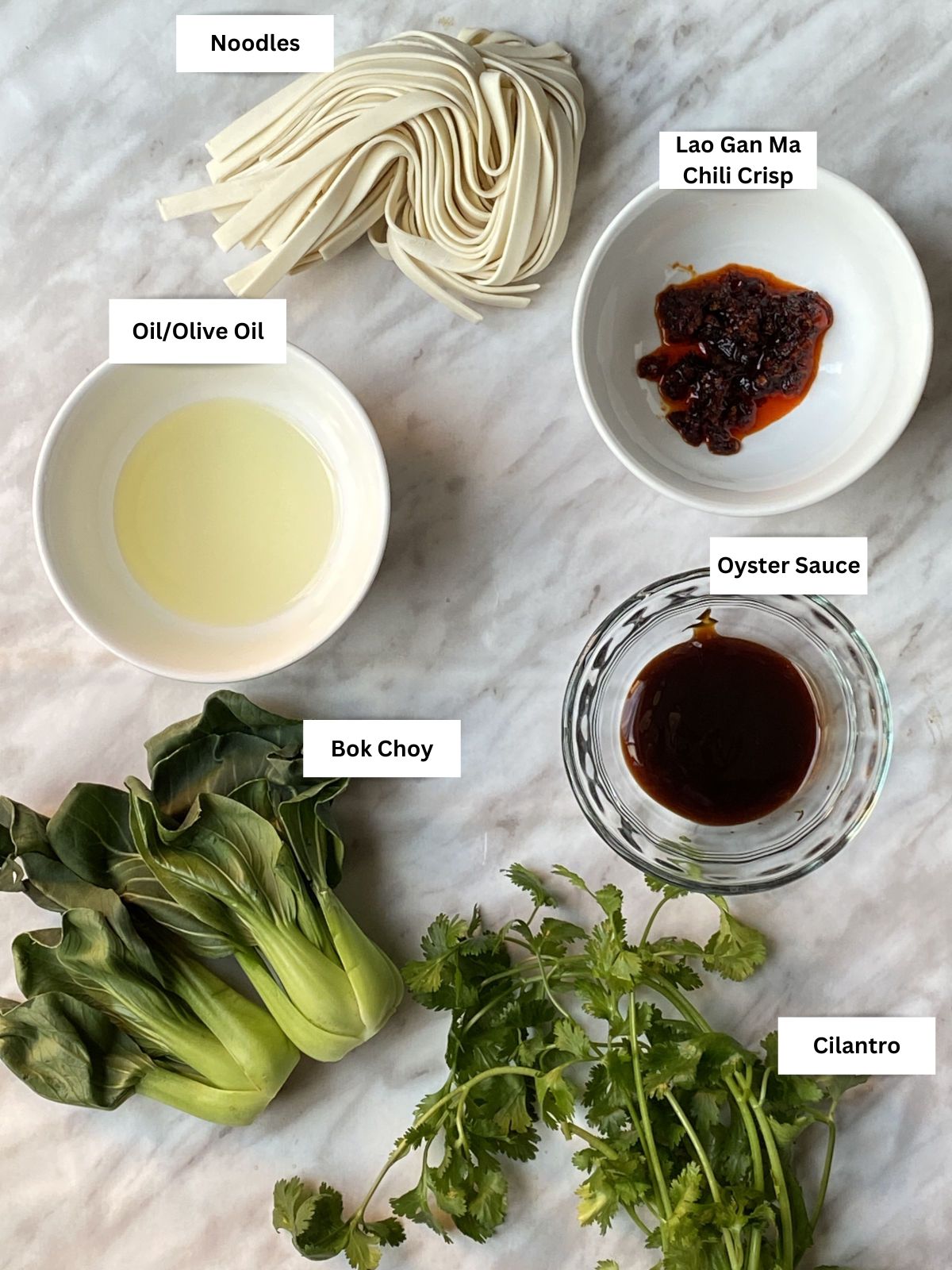Labeled ingredient list for oyster sauce noodles - check recipe card for details!