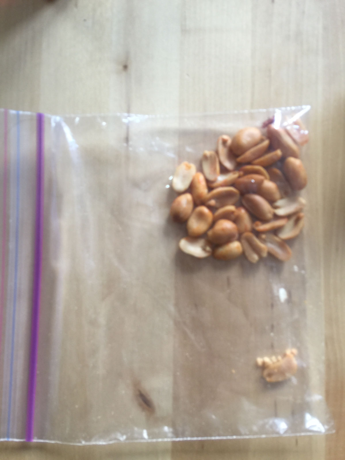 Overhead view of peanuts in a Ziploc bag.
