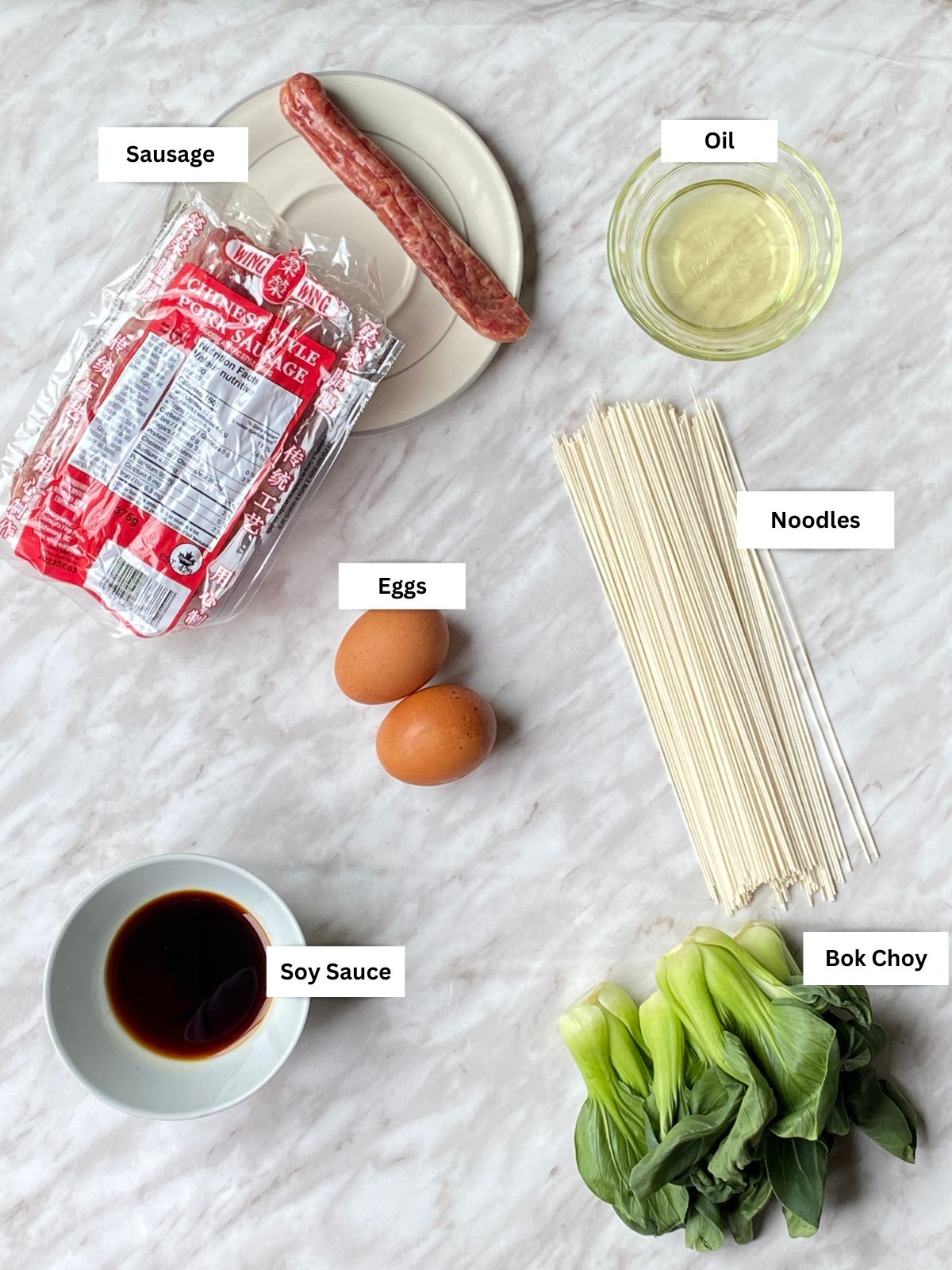 Labeled ingredient list for sausage stir fry noodles - check recipe card for details!